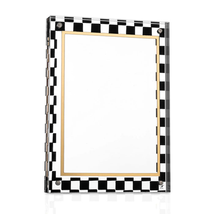 Onyx picture frame with black and white checkered border and gold inner trim, empty white mat area, tabletop display frame.