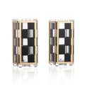Pair of Onyx Salt Shakers by Waterdale Collection featuring black and white checkered pattern with chrome accents and handles.