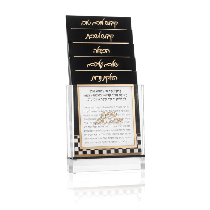 Onyx Shabbos Card Set by Waterdale Collection featuring black lucite cards with gold text for Jewish holiday greetings.
