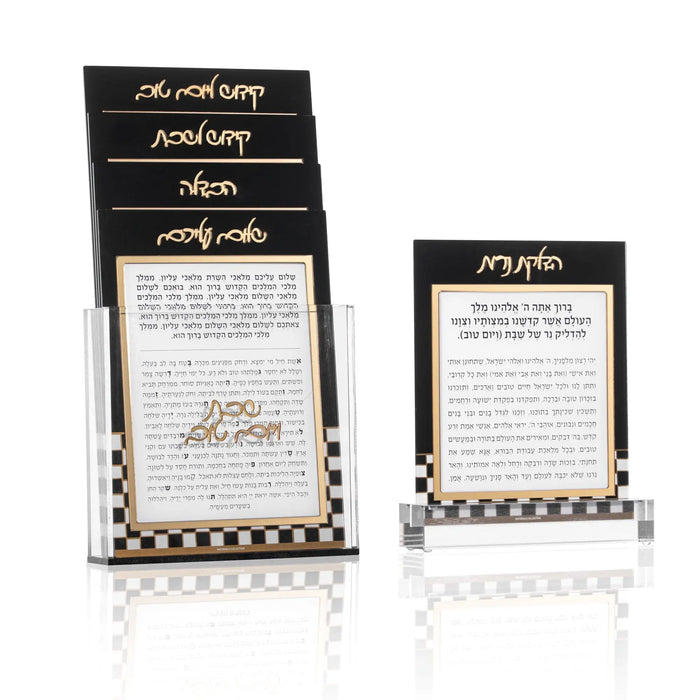 Onyx Shabbos card set in clear lucite holders displaying elegant black and gold design for Shabbat and holiday entertaining.