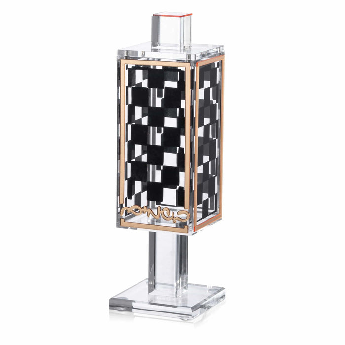 Onyx Square Besamim Holder with black and white checkered pattern, silver metal stand and cap for Havdalah spice jar.