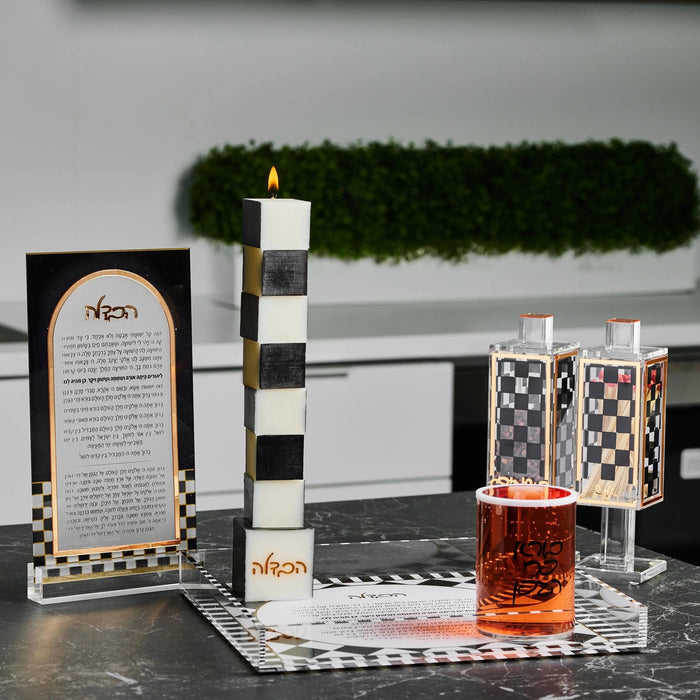 Onyx Square Besamim Holder with black and white checkered base, displayed with Havdalah spices and candle for Shabbat.