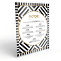 Onyx Ushpizin (אושפיזין) sukkah decoration in black, white and gold on white Lucite.