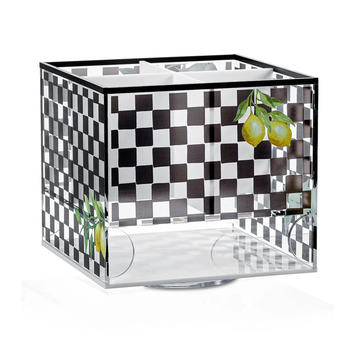 Onyx Swivel Silverware Caddy with black and white checkered pattern, featuring rotating compartments and lemon accents for table organization.