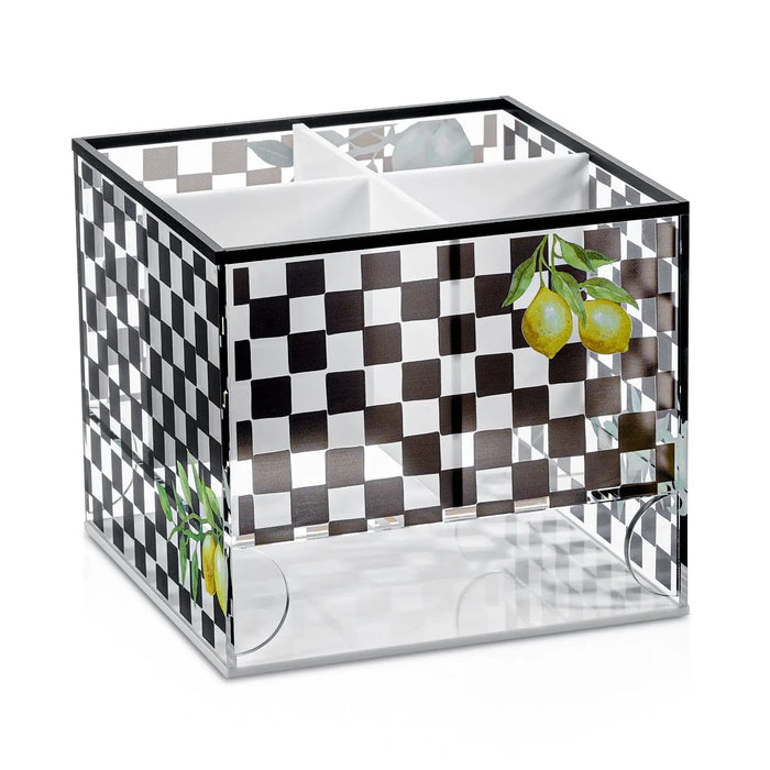 Onyx Swivel Silverware Caddy with black and white checkered pattern, clear acrylic sides, and rotating design for table organization.