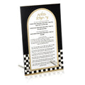 Onyx Tabletop Chanukah Brachos from Waterdale Collection, a freestanding Lucite plaque in black and gold printed with the Hebrew brachos