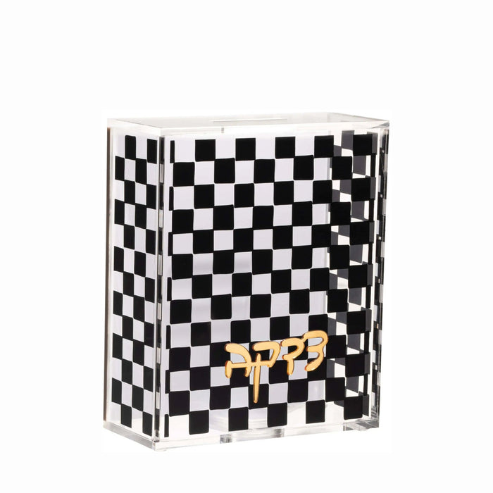 Black and white checkered Onyx Tzedakah box with gold accents, perfect for Shabbat and holiday giving.