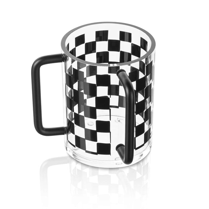 Black and white checkered washing cup with black handle, part of the Onyx collection for ritual hand washing.