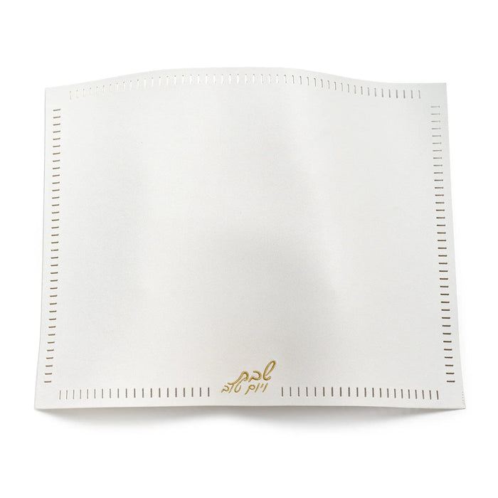 White linen challah cover with open hemstitch embroidery detail and gold accent, folded flat display view.