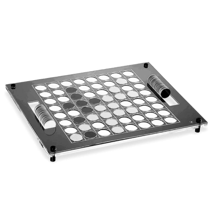 Waterdale Collection Othello board game with metal frame and grid of black and white circular pieces on a gray surface.