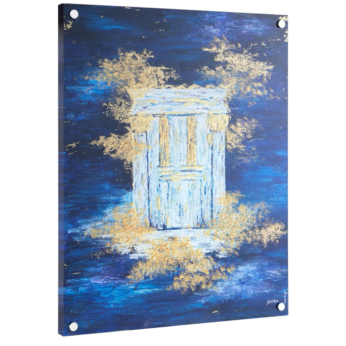 Painted Bais Hamikdash by Shira Licht wall art featuring a blue and gold temple door design against a cloudy sky backdrop.