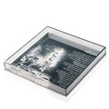 Black painted Havdalah plate with intricate artistic design, displayed in clear acrylic case, perfect for Shabbat ceremonies and Jewish home décor.