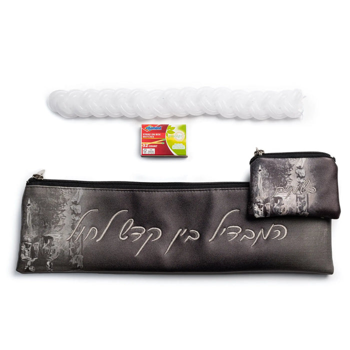 Painted Black Havdalah Set from Waterdale Collection featuring leather case, braided candle, and spice container for Shabbat ceremonies.