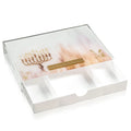 Painted by Batya 2.0 menorah tray with drawer from Waterdale Collection, white and gold Lucite with a pull-out drawer for Chanukah candles