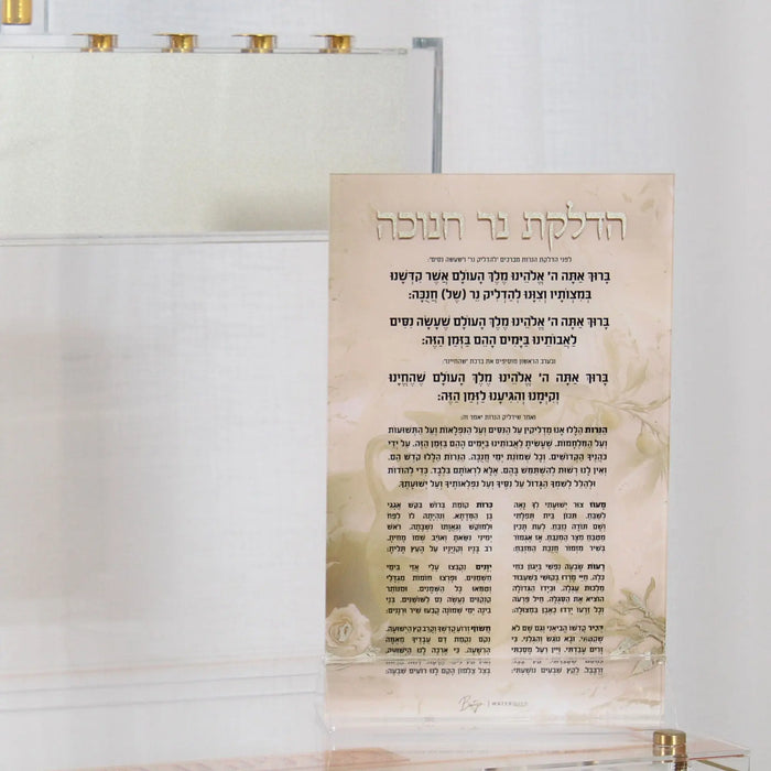 Painted by Batya Chanukah brachos card in clear Lucite, 5" x 8", printed with Maoz Tzur and Haneiros Hallalu for Chanukah