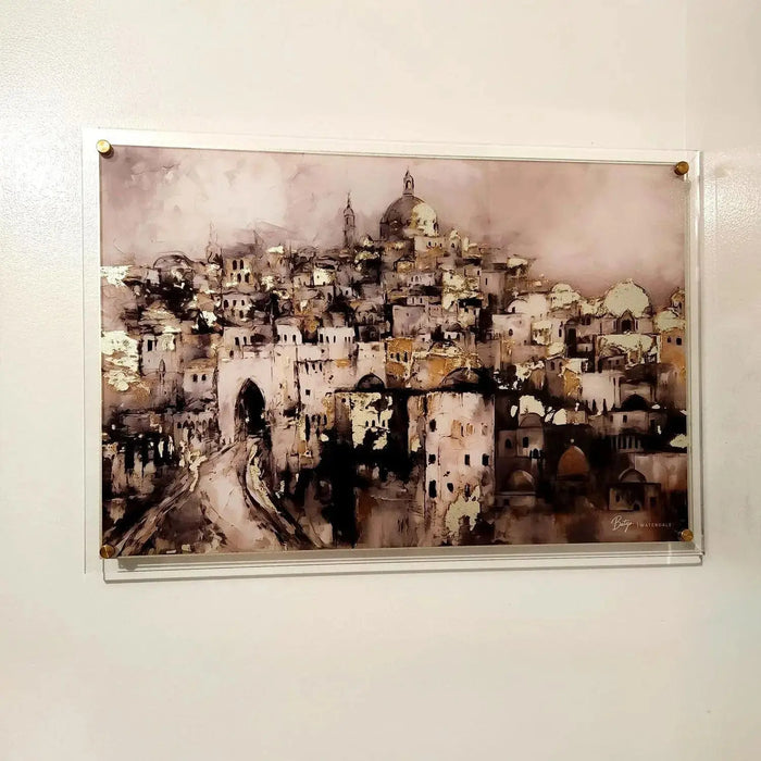 Painted by Batya Jerusalem painting featuring a sepia-toned cityscape with historic buildings and a dome, displayed as floating wall art for home decor.