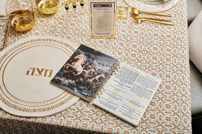 Painted by Batya Lucite Haggadah displayed on table with place setting and Passover items, featuring colorful artwork on transparent acrylic cover.