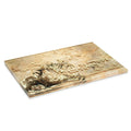 Painted by Batya Menorah Tray from Waterdale Collection, a rectangular Lucite tray with a cream and gold painted design and gold Hebrew lettering