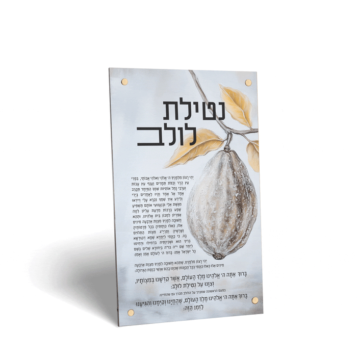 Painted by Batya Silver sukkah decoration with a painted esrog (אתרוג) design in cream and gold, for Sukkos