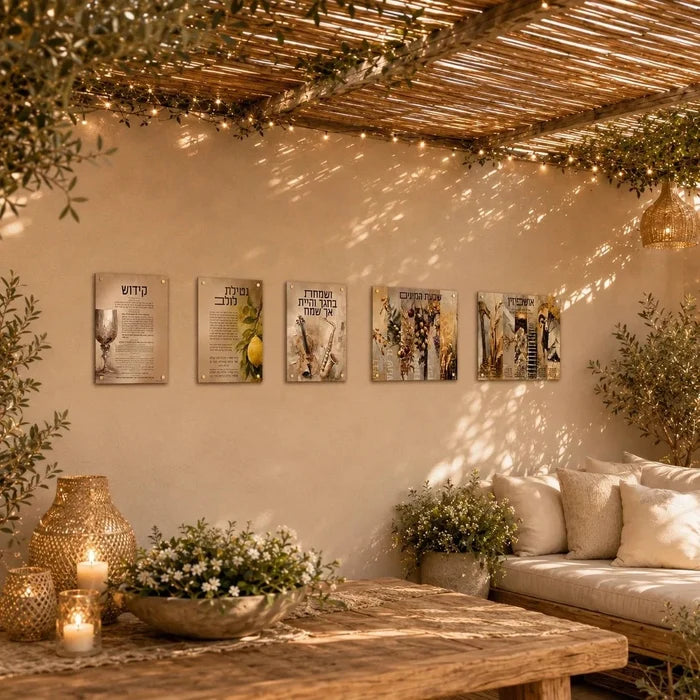 Painted by Batya five-panel Lucite sukkah set under a string-lit bamboo roof with olive branches, for Sukkos (סוכות)