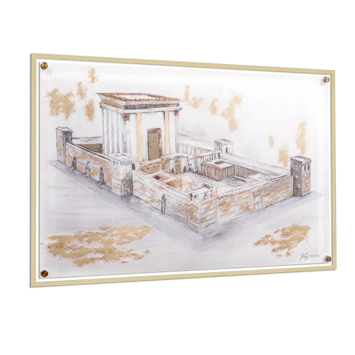 Painted by Judy Bais Hamikdash Jerusalem art print showing watercolor architectural illustration of the ancient temple in warm tan tones, framed in natural wood.