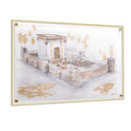 Painted by Judy Bais Hamikdash Jerusalem art print showing watercolor architectural illustration of the ancient temple in warm tan tones, framed in natural wood.