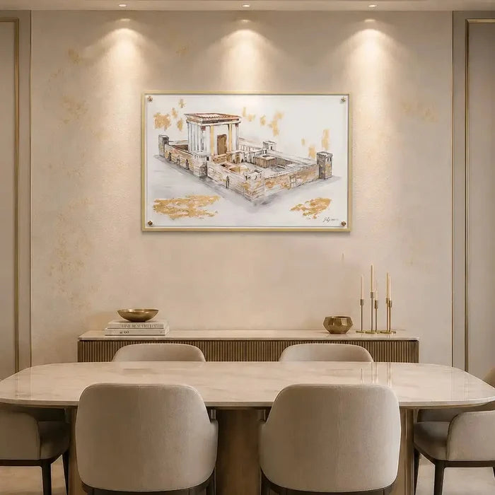 Painted by Judy Bais Hamikdash Jerusalem art print displayed above a dining table with cream chairs and modern lighting fixtures.