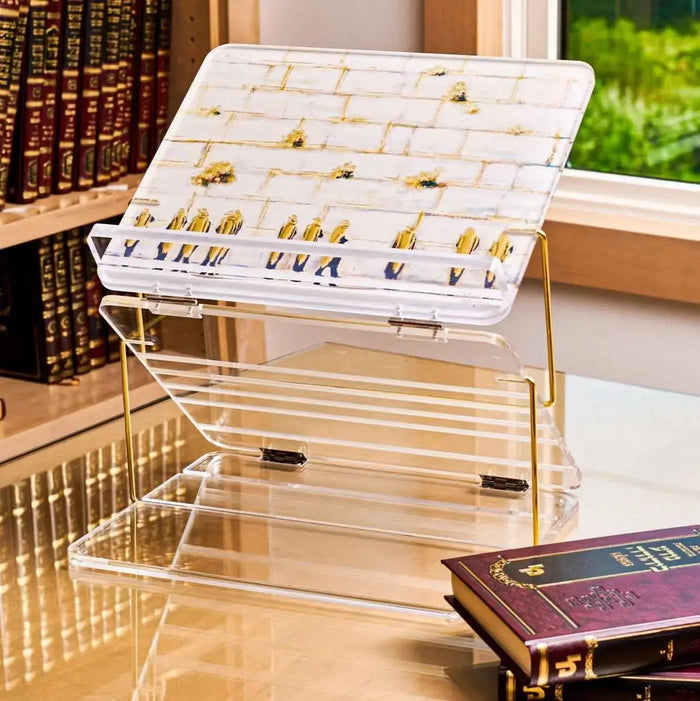 Painted by Judy foldable shtender with clear compartments displayed on tabletop, featuring organized storage for study materials and religious texts.