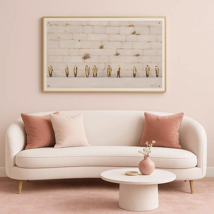 Painted by Judy Kosel Soft Violet framed painting hanging above cream sofa with rust pillows in modern living room setting.