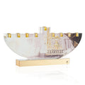 Painted by Judy Menorah from Waterdale Collection, a 1 inch thick Lucite menorah with painted artwork by artist Judy and fire-safe metal inserts