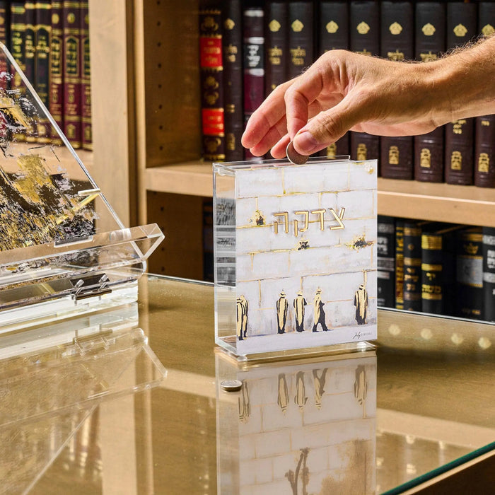 Painted by Judy Sculpture Kosel Tzedakah Box in white ceramic displayed on shelf with gold accents and decorative details