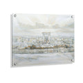Watercolor painting of Jerusalem cityscape with buildings reflected in water, framed in clear acrylic wall art by Yonatan Bais Hamikdash.