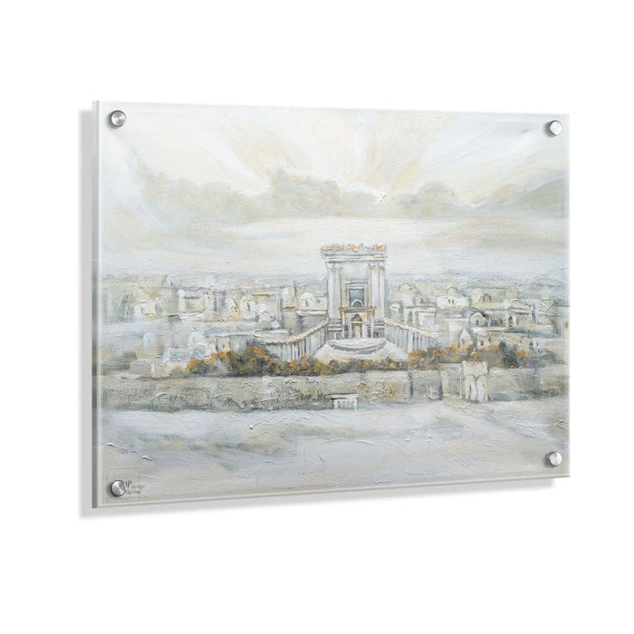 Watercolor painting of Jerusalem cityscape with buildings reflected in water, framed in clear acrylic wall art by Yonatan Bais Hamikdash.