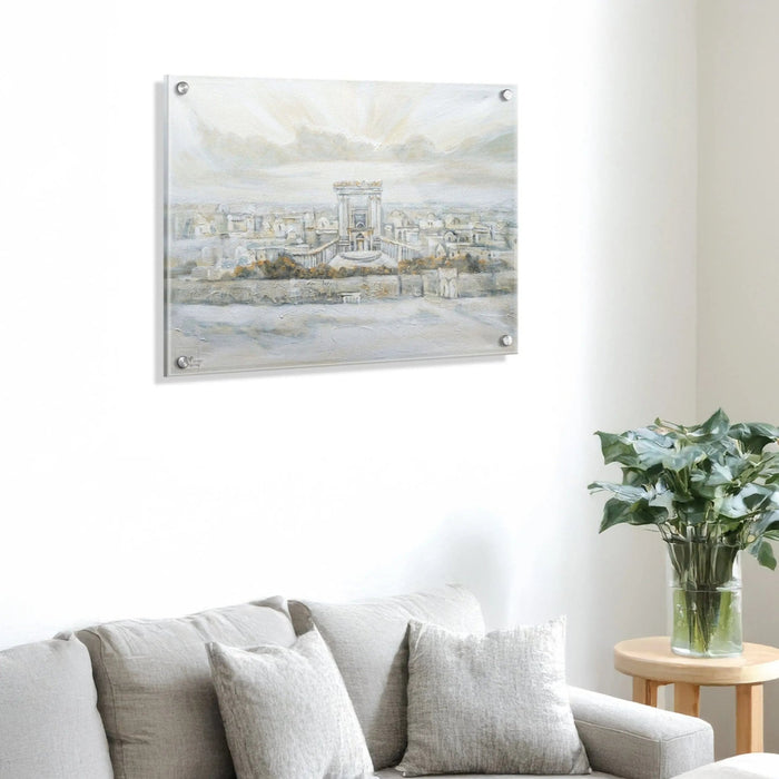 Watercolor painting of the Second Temple in Jerusalem displayed above a gray linen sofa with white flowers on side table