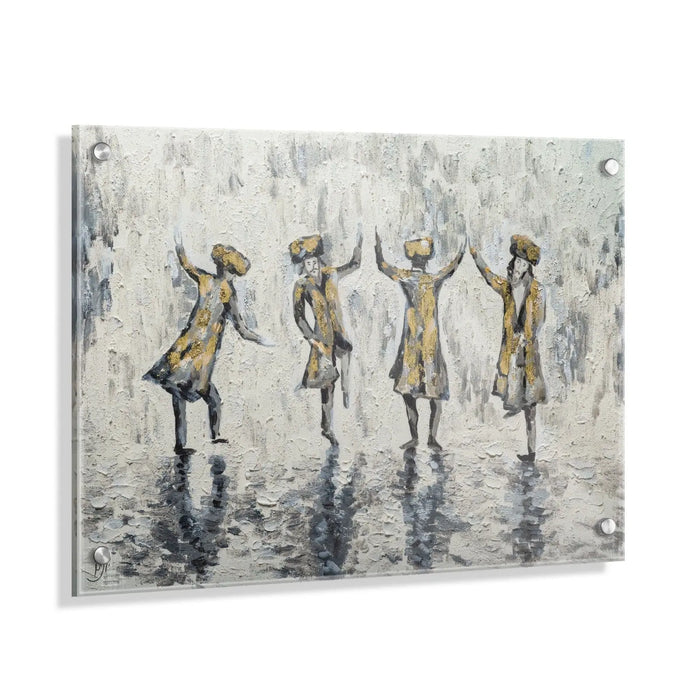 Yonatan Chassidim Dancing painting showing four figures in traditional dress dancing on textured grey background, contemporary wall art by Waterdale Collection.