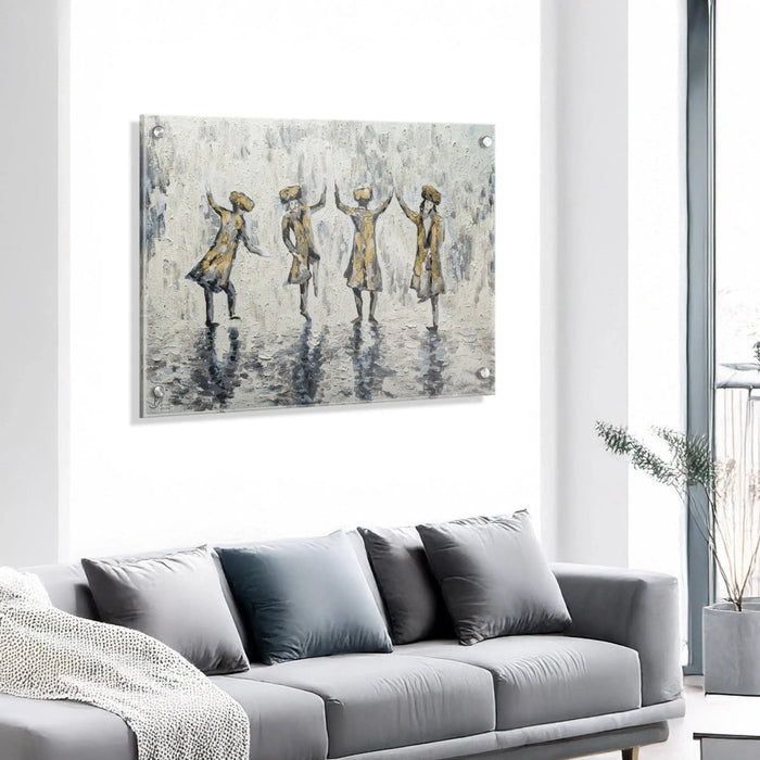 Painted by Yonatan Chassidim Dancing abstract wall art featuring figures in muted tones, displayed above a gray sofa in a modern living room.
