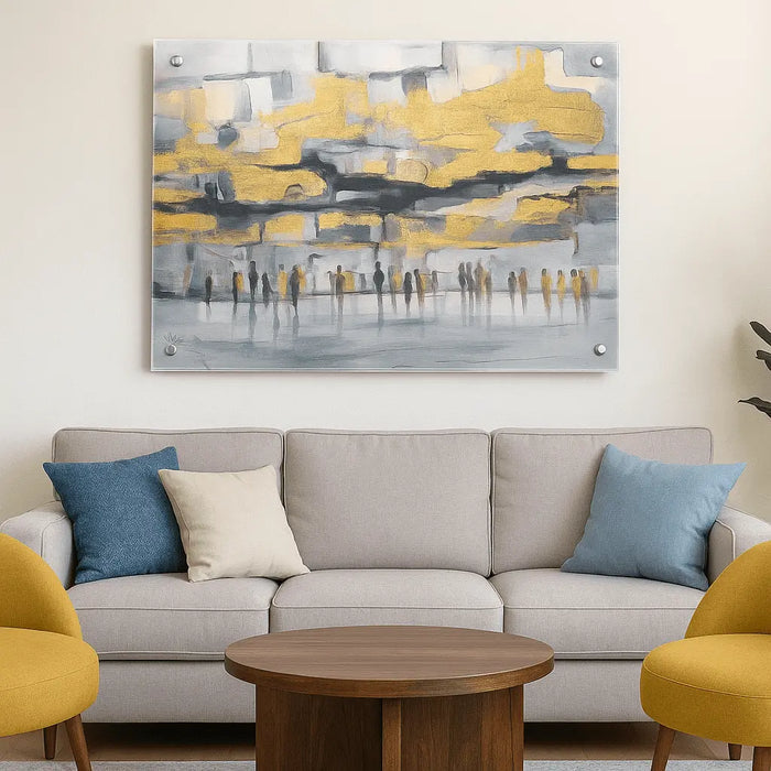 Painted by Yonatan Dark Kosel abstract wall art above beige sofa with blue pillows, featuring golden yellow and grey tones in modern living room setting