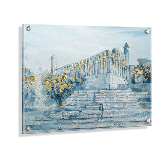 Watercolor painting of Jerusalem's Hamachpela structure with blue tones, depicting the historic building with surrounding landscape and architectural details on canvas wall art.