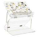 Painted by Yosefa foldable shtender with floral design, acrylic construction, open display showing compartments and stand legs for tabletop use.