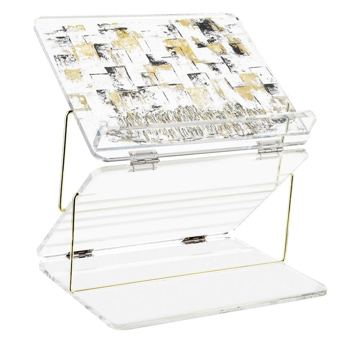 Painted by Yosefa foldable shtender with floral design, acrylic construction, open display showing compartments and stand legs for tabletop use.