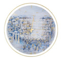Yosefa Kosel painted wall clock with blue and white cityscape design in circular frame, featuring detailed architectural illustration.