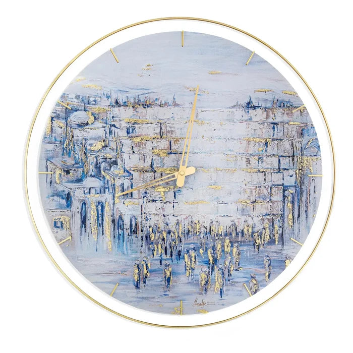 Yosefa Kosel painted wall clock with blue and white cityscape design in circular frame, featuring detailed architectural illustration.
