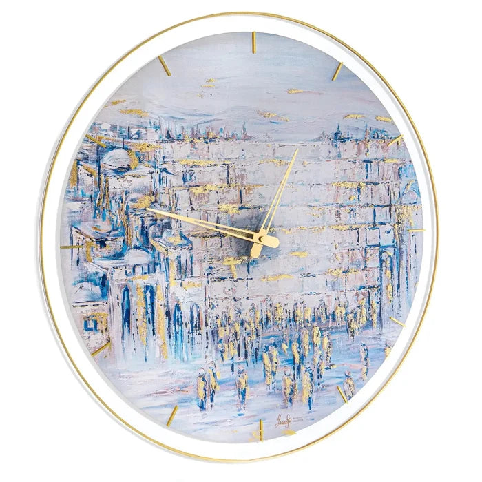 Oval wall clock by Yosefa Kosel featuring a painted cityscape in blue and gold tones with brass hands and markers.