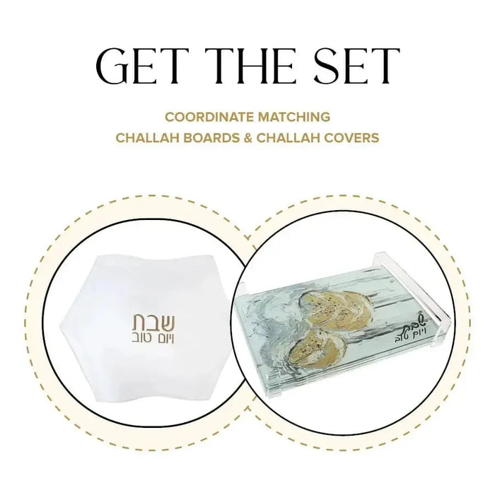 Waterdale Collection painted challah board and cover set displayed as a bundle, showing white ceramic board and matching decorative fish-patterned cover.