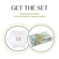 Waterdale Collection painted challah board and cover set displayed as a bundle, showing white ceramic board and matching decorative fish-patterned cover.