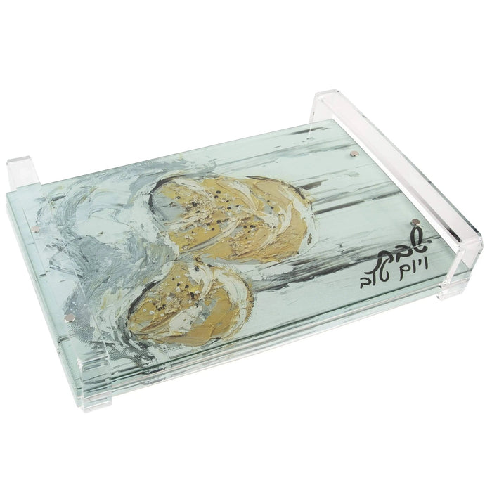 Painted Shabbos challah board with blue watercolor design and two ceramic handles on white tray.