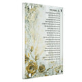 Painted Eishes Chayil wall art featuring Hebrew prayer text in gold and watercolor floral design on cream canvas, 16x20 inch Shabbat home decor.