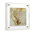 Painted Frame Birchas Harofeh with gold stethoscope illustration and Hebrew text on pearl marble background, displayed in clear acrylic floating wall frame.