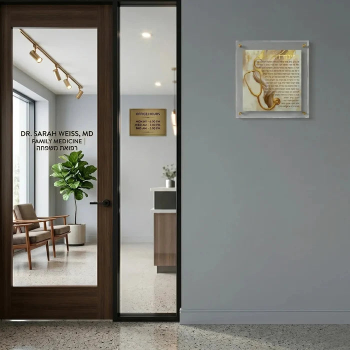 Painted Frame Birchas Harofeh with pearl marble finish displayed on gray wall next to doorway with natural light and plant decor.