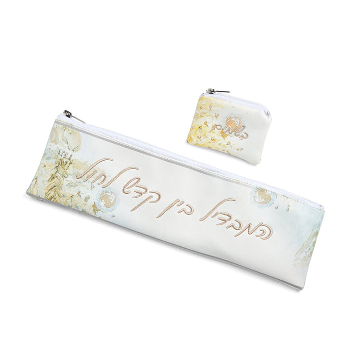 Painted Gold Havdalah Set by Waterdale Collection featuring a white linen case with gold floral design and matching small pouch for Shabbat ceremonial items.